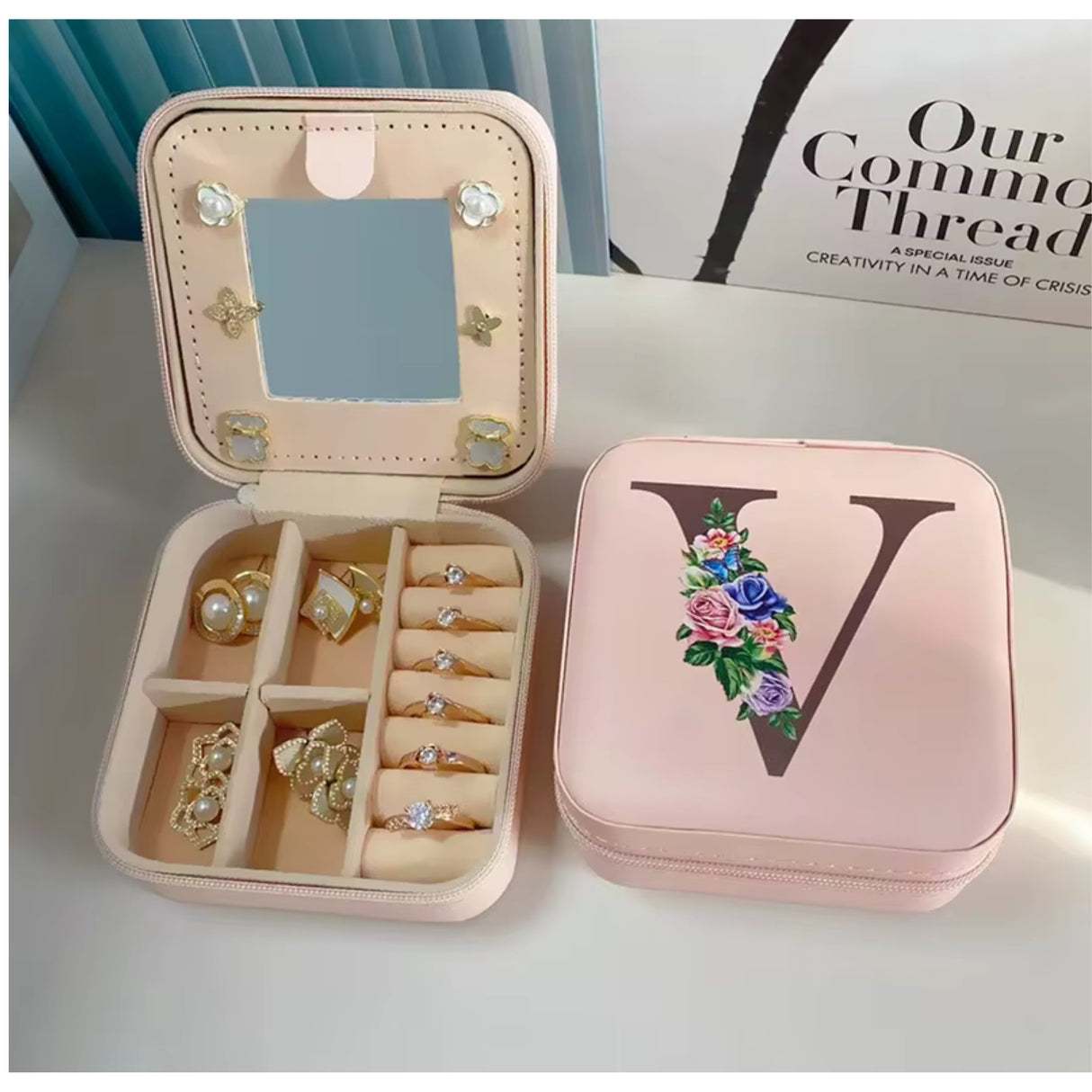 Krystina's Collection Pink Travel Jewellery Box with Floral Initial - Various Letters