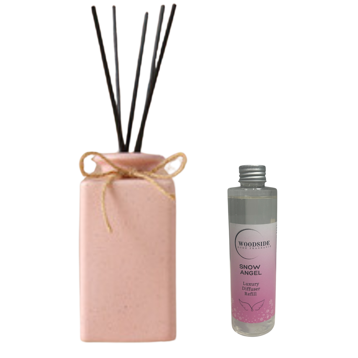 Woodside Pink Pastel Ceramic Reed Diffuser Vase with Woodside Luxury Refill snow angel