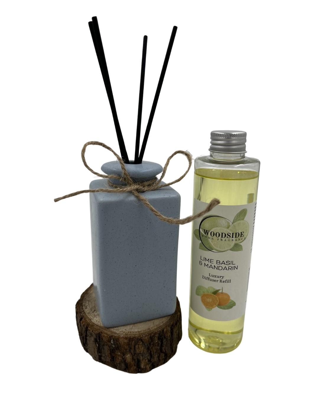 Woodside Pastel Blue Ceramic Reed Diffuser Vase with Woodside Luxury Refill lime basil and mandarin