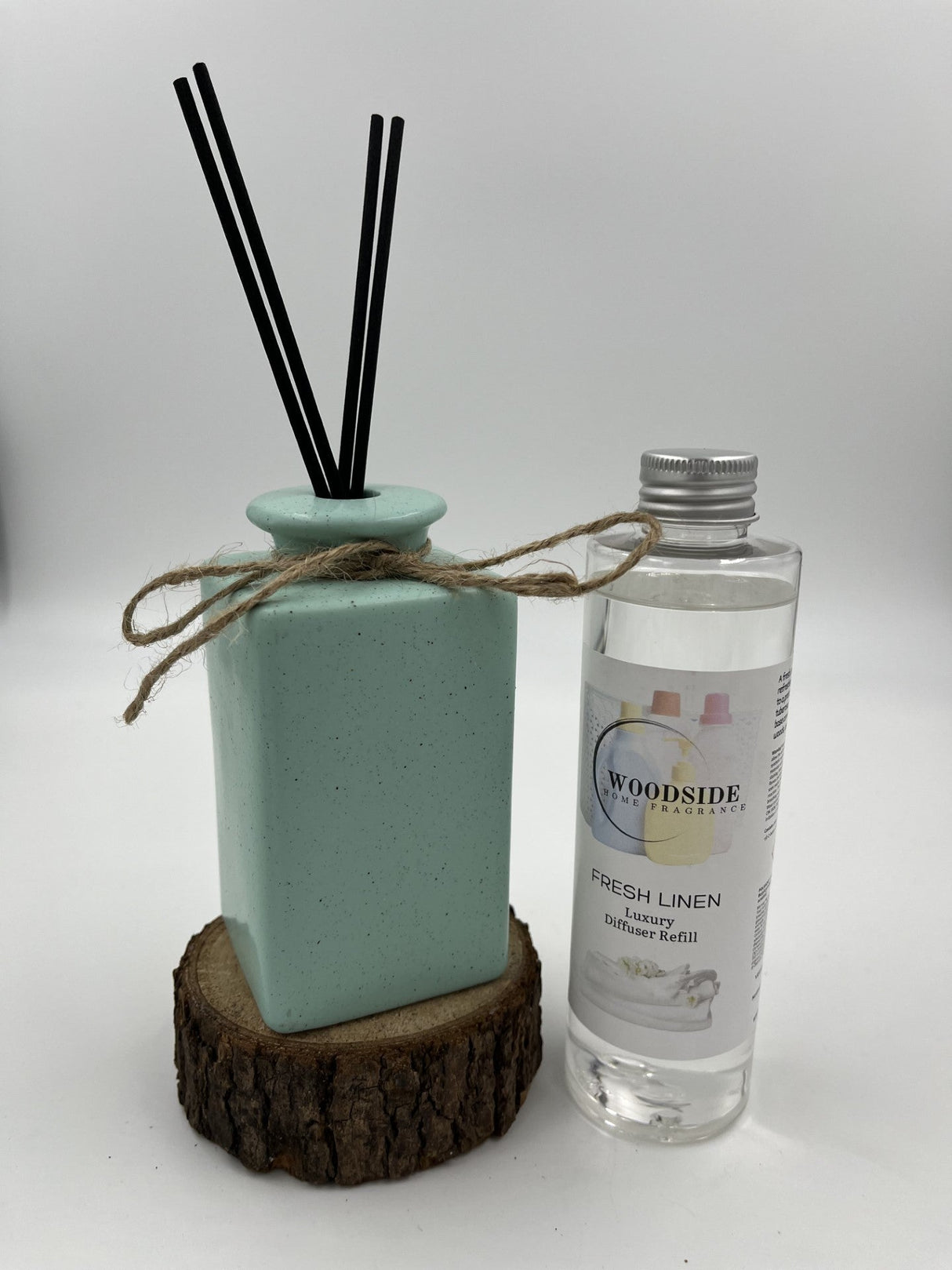 Woodside Pastel Green Ceramic Reed Diffuser Vase with Woodside Luxury Refill fresh linen