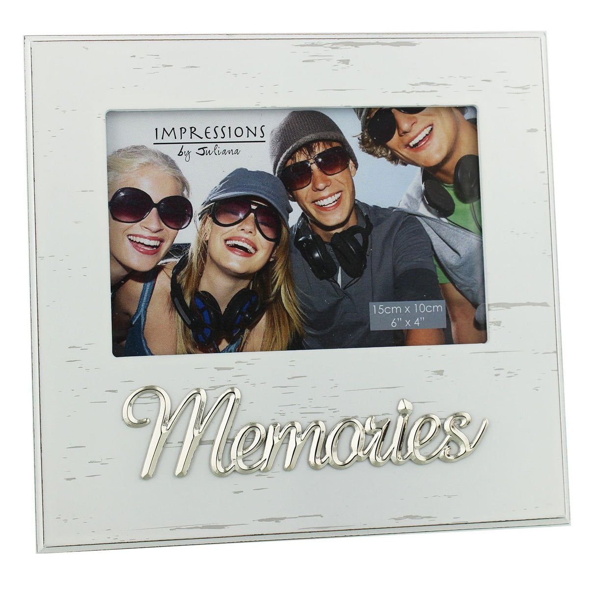 Juliana Impressions White Antique Photo Frame Metal Wording 6" x 4"- Memories