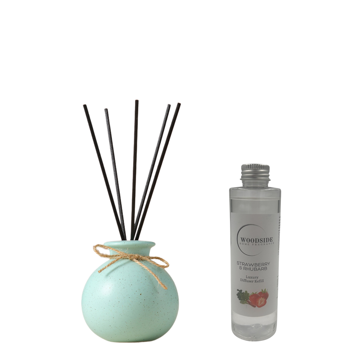 Woodside Round Green Pastel Ceramic Reed Diffuser Vase with Woodside Luxury Refill strawberry and rhubarb