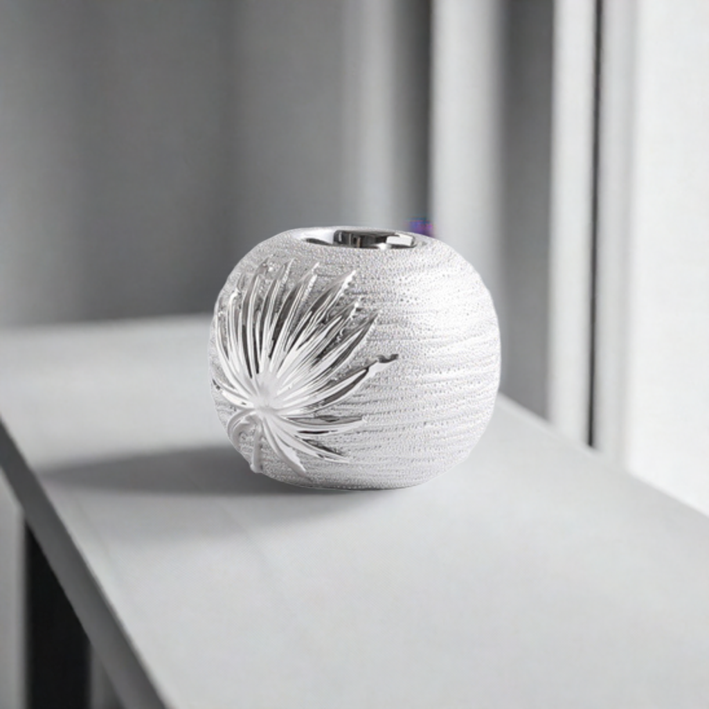 Modern Silver Tealight Candle Holder with Leaf Pattern