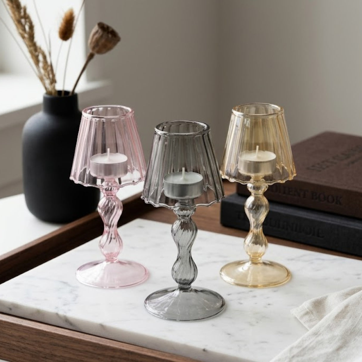 Glass Lampshade Tealight Holder - Pink Gold Grey