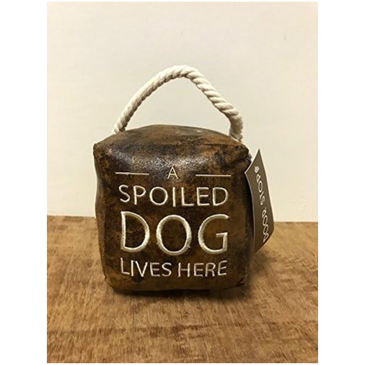 Antique Brown Faux Leather Cube Doorstop - A Spoiled Dog Lives Here