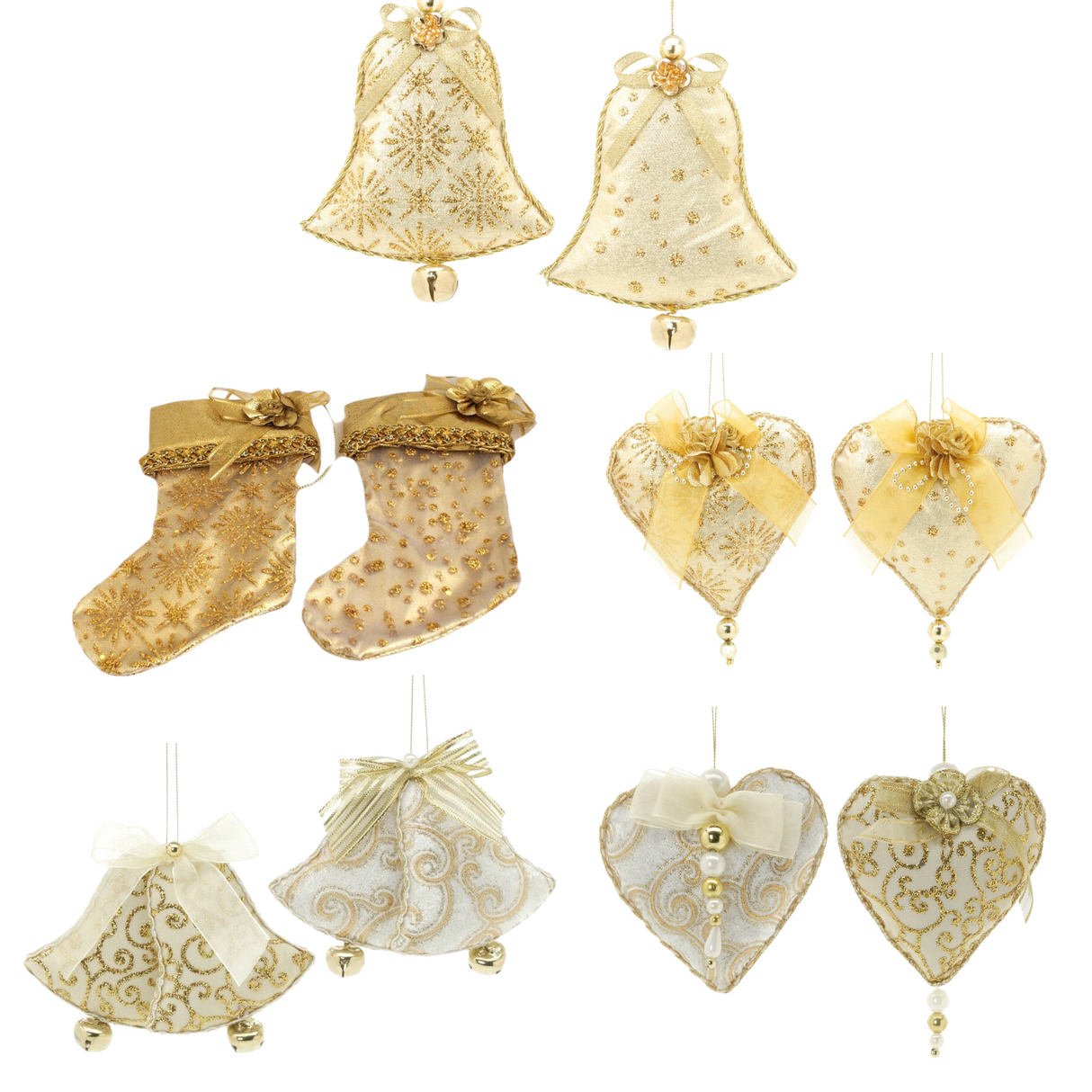 Christmas Tree Hanging Decorations - Gold Fabric Beaded Decs Pack of 2