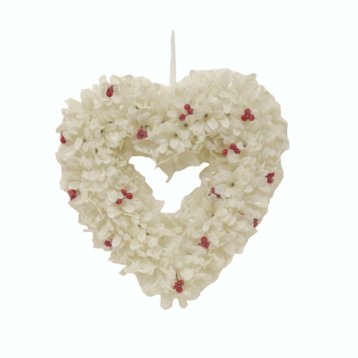 Frosted Christmas Wreath 34cm - White Heart with Red Berries