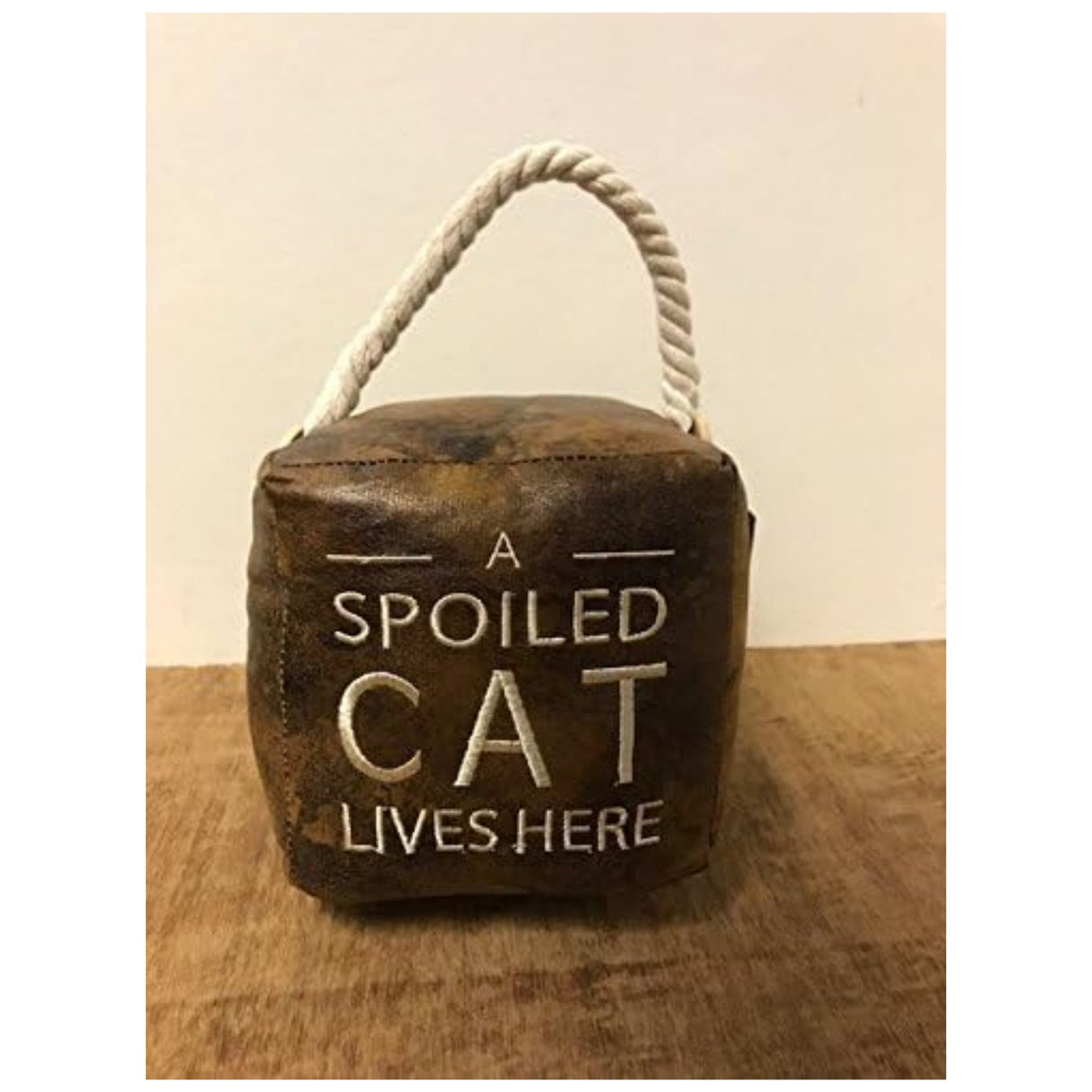 Antique Brown Faux Leather Cube Doorstop - A Spoiled Cat Lives Here