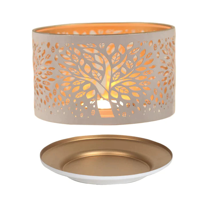 candle shade lamp and tray with tree of life design in white and gold