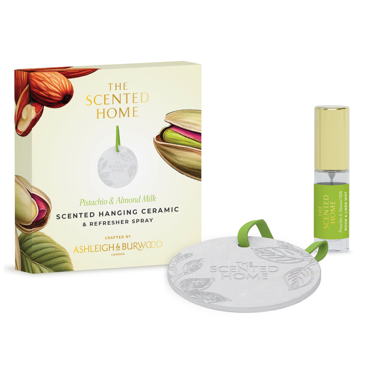 Ashleigh & Burwood New Scented Home Hanging Ceramic & Refresher Spray - Pistachio & Almond Milk