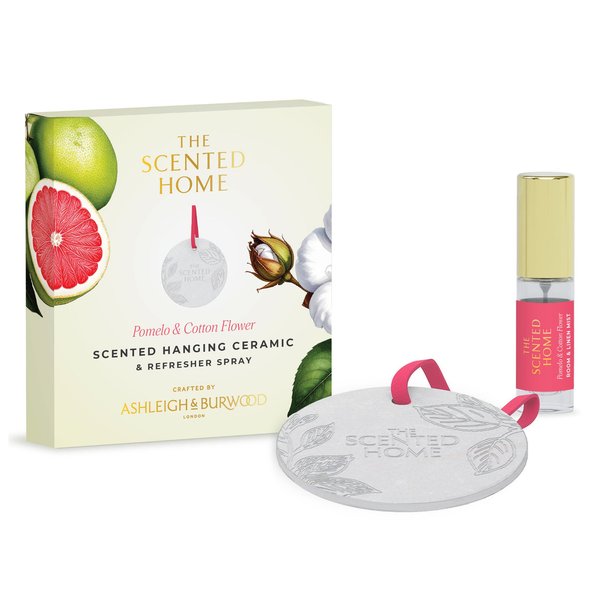 Ashleigh & Burwood New Scented Home Hanging Ceramic & Refresher Spray - Pomelo & Cotton Flower