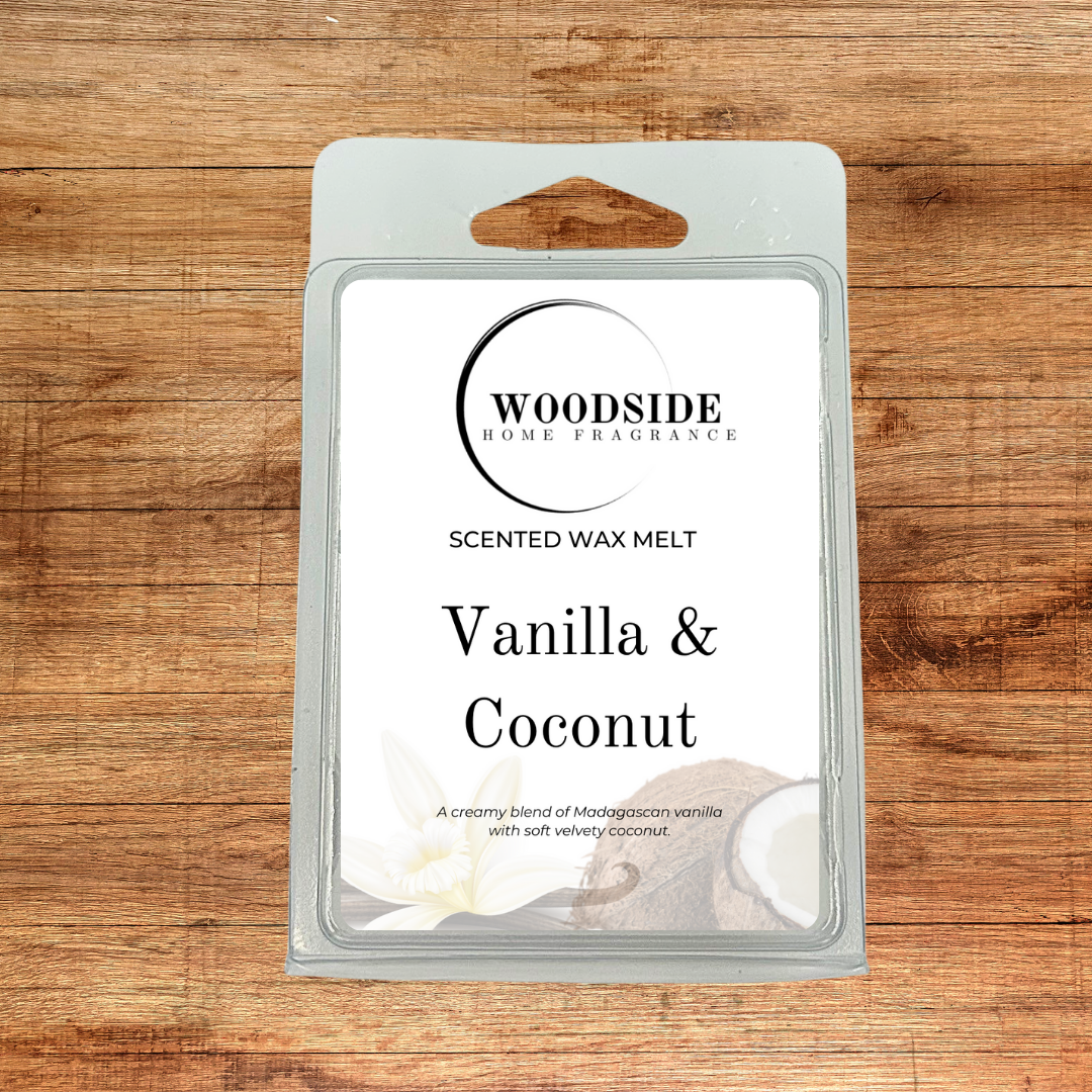 woodside home fragrance wax melt, vanilla and coconut
