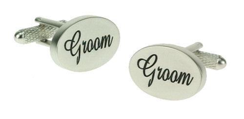 satin silver finish cufflinks inscribed with groom