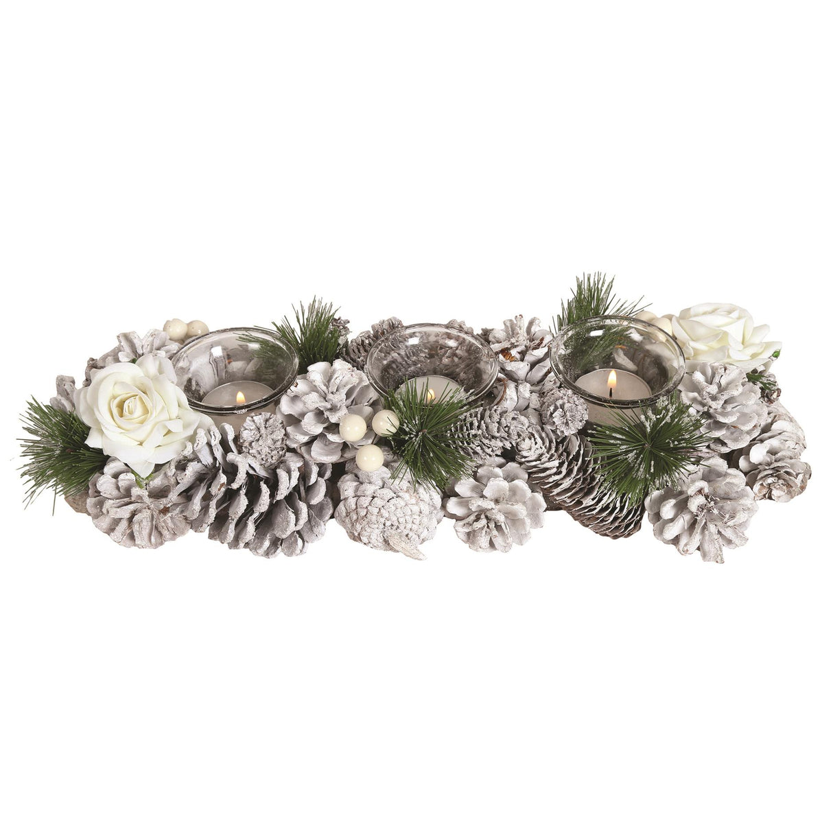 Christmas Tea Light Candle Holder -3 Clear Holders Roses & Pine Cones white roses