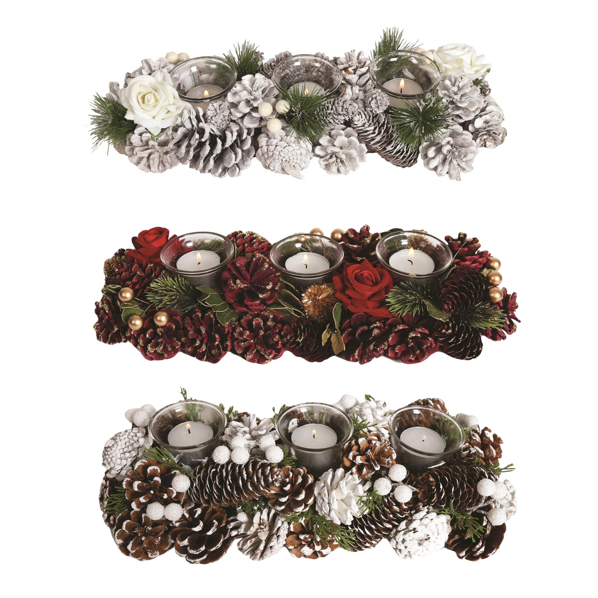 Christmas Tea Light Candle Holder -3 Clear Holders Roses & Pine Cones
