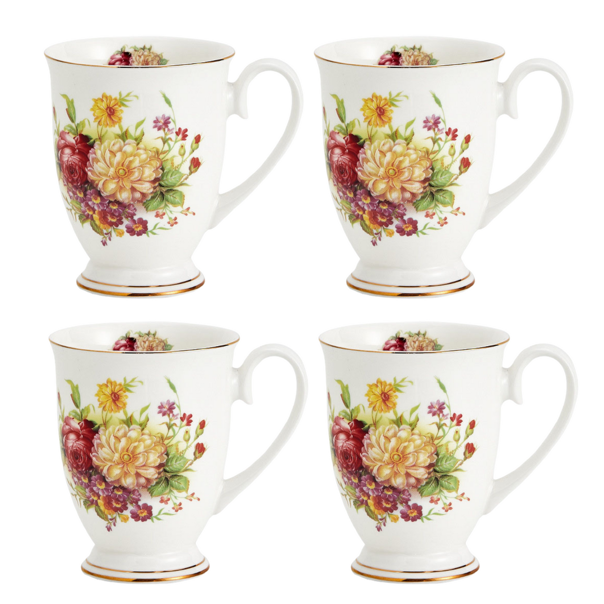 Floral Design China Mugs - White / Multicoloured Flower