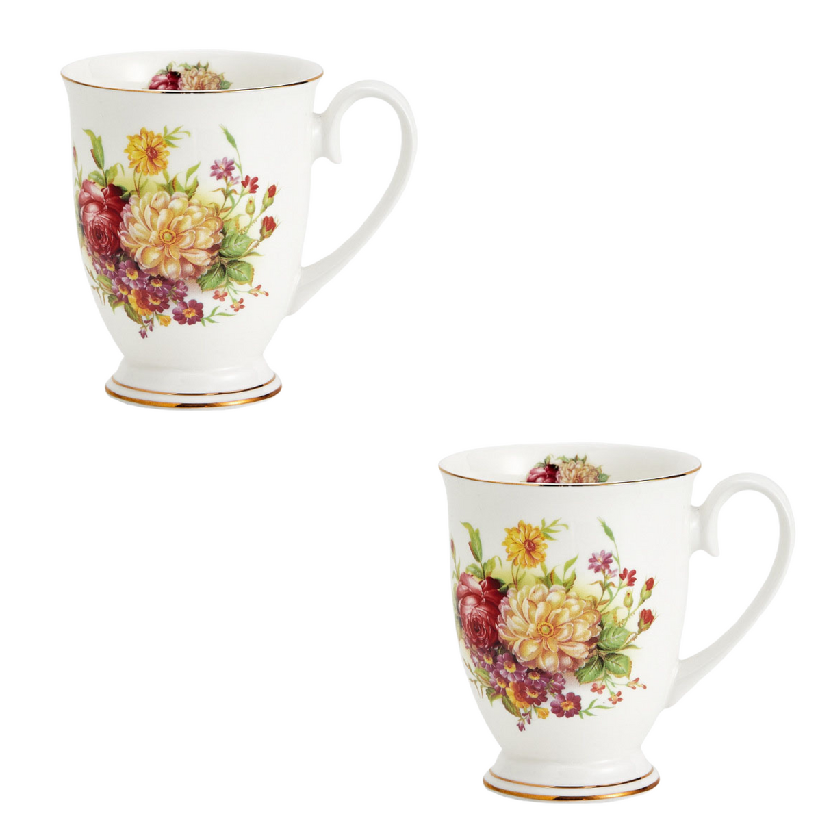 Floral Design China Mugs - White / Multicoloured Flower