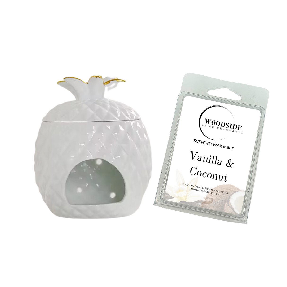 Woodside Home Living Pineapple Design Tealight Burner With Free Wax Melt, vanilla and coconut
