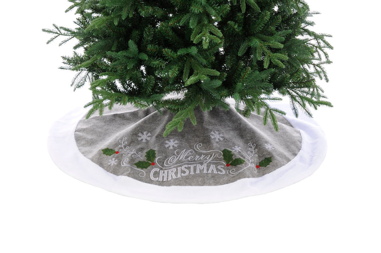 Christmas Tree Skirt in grey with white trim design of Merry Christmas and snowflakes and holly leaves