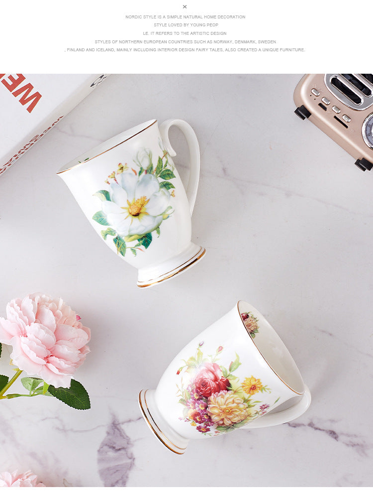 Floral Design China Mugs - White / Multicoloured Flower