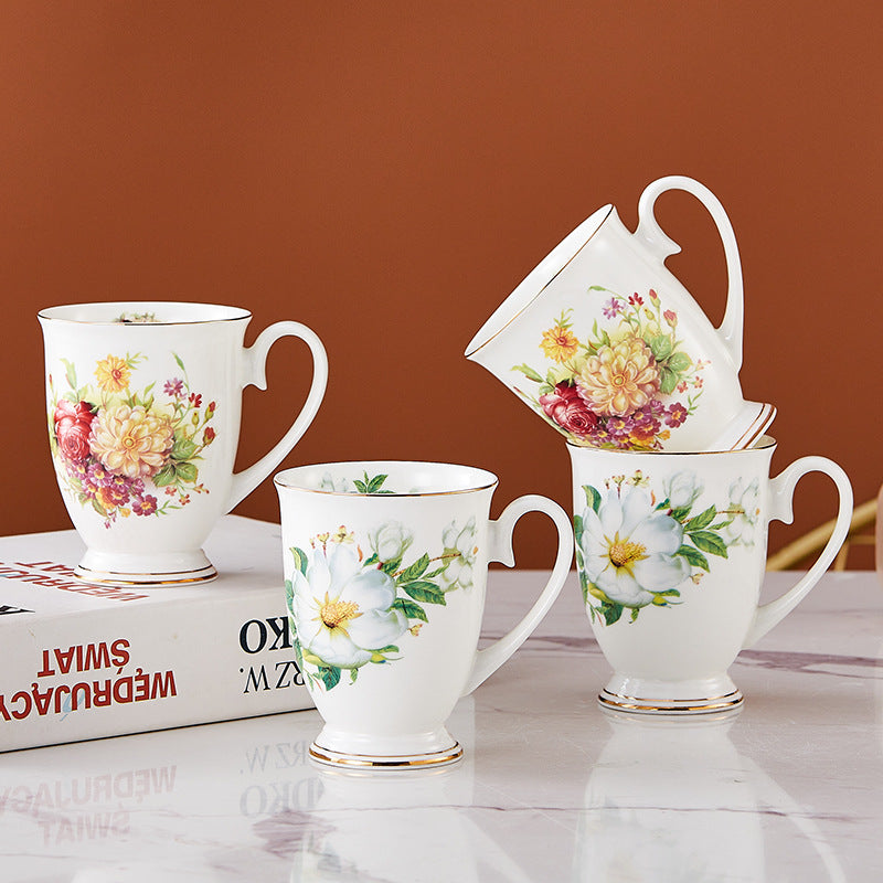 Floral Design China Mugs - White / Multicoloured Flower