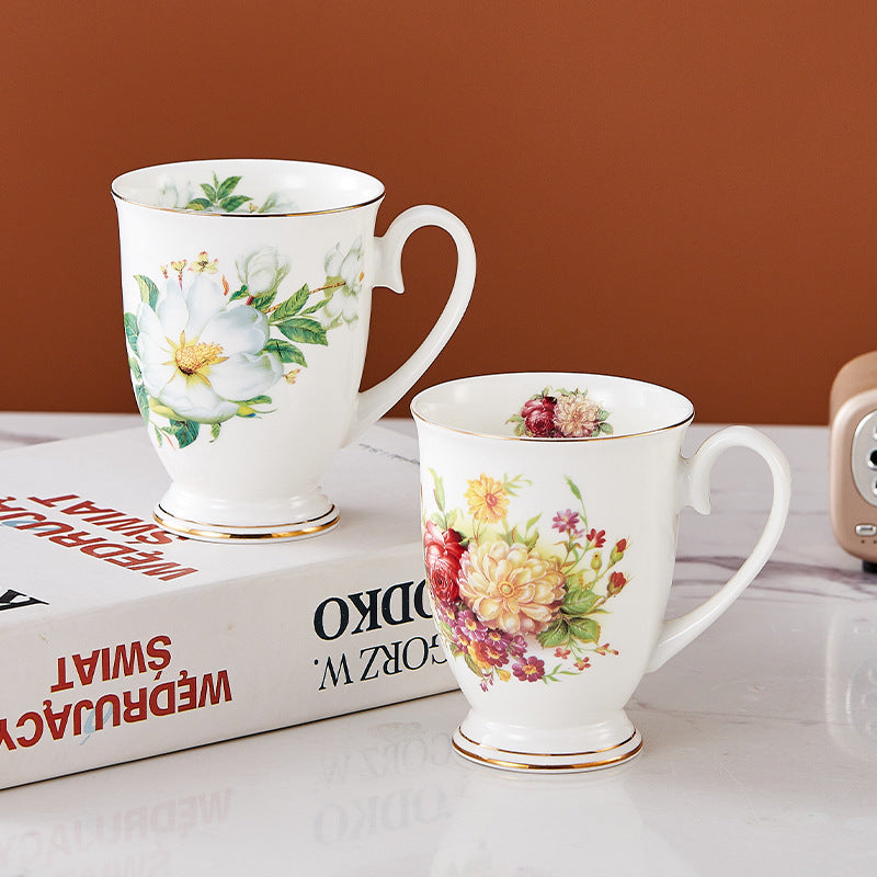 Floral Design China Mugs - White / Multicoloured Flower