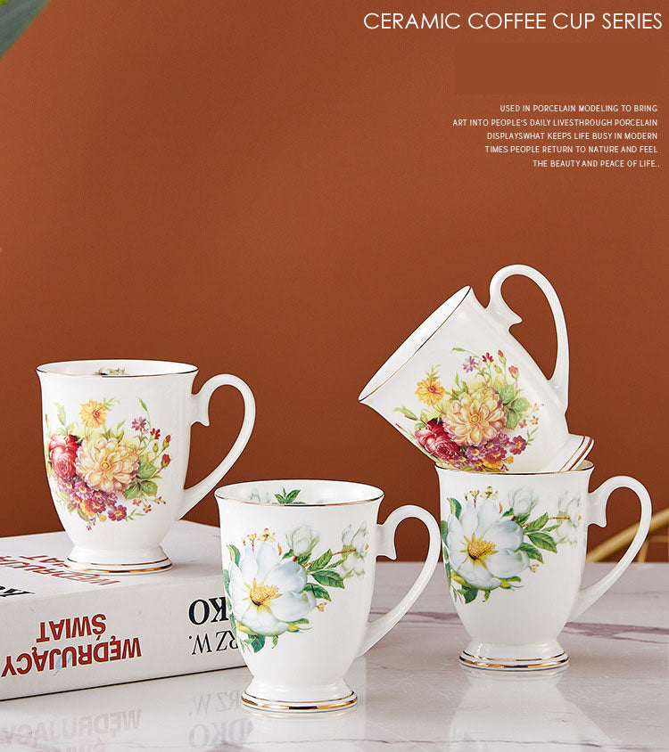 Floral Design China Mugs - White / Multicoloured Flower