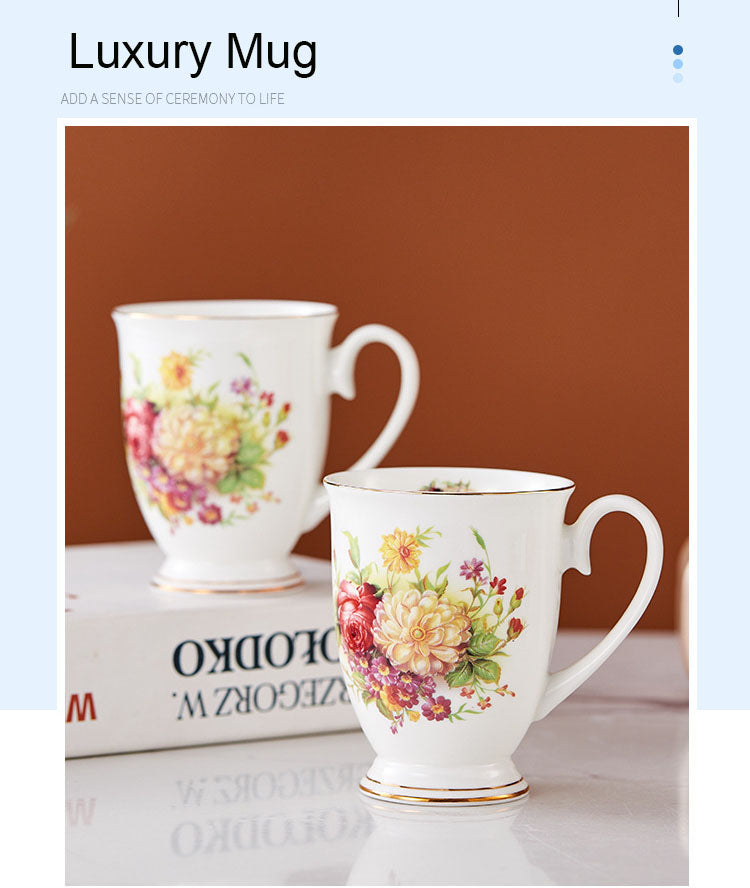Floral Design China Mugs - White / Multicoloured Flower
