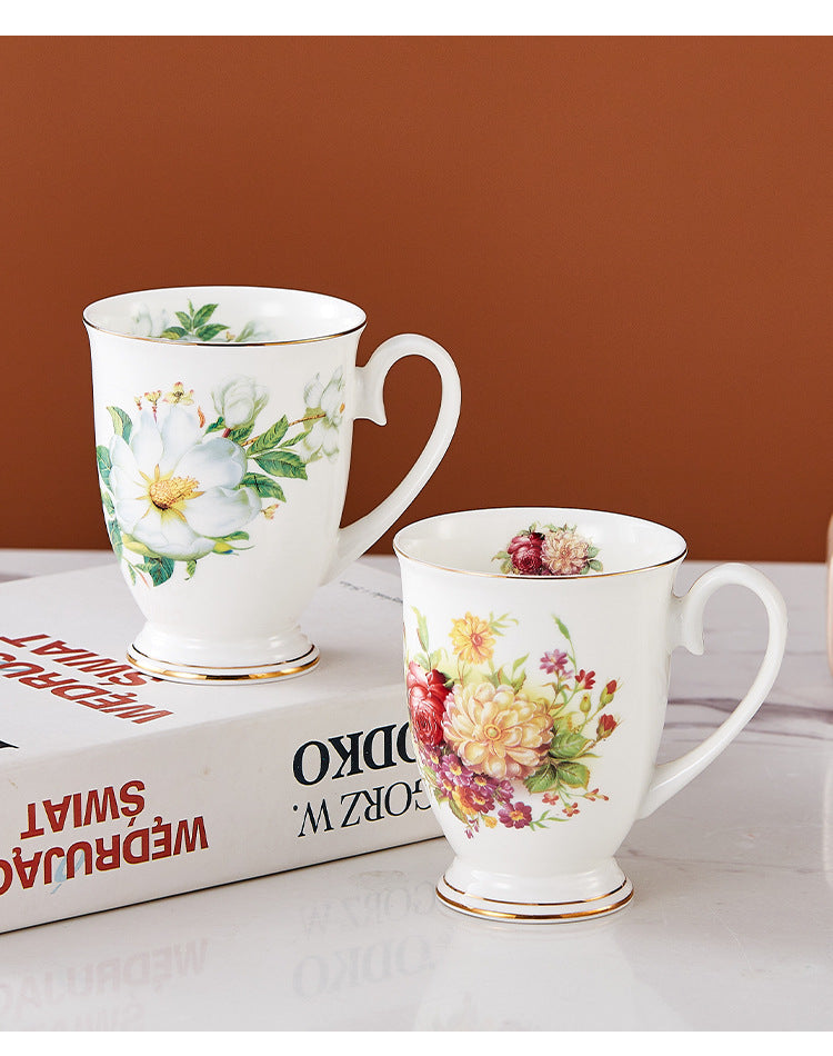 Floral Design China Mugs - White / Multicoloured Flower