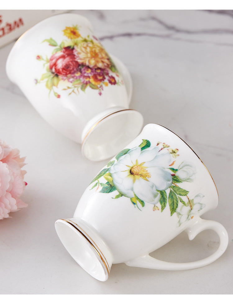 Floral Design China Mugs - White / Multicoloured Flower
