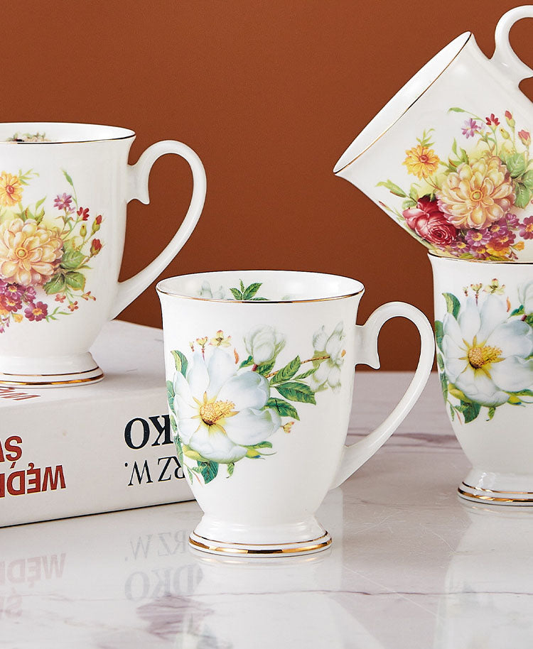 Floral Design China Mugs - White / Multicoloured Flower