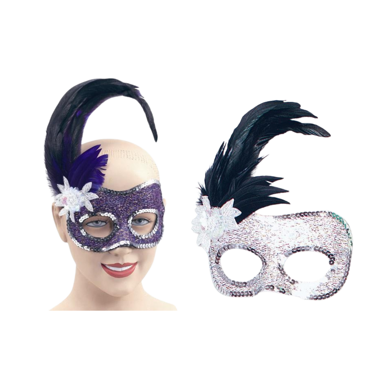 Sequin Side Feather Eye Mask Fancy Dress - Multiple Colours Available