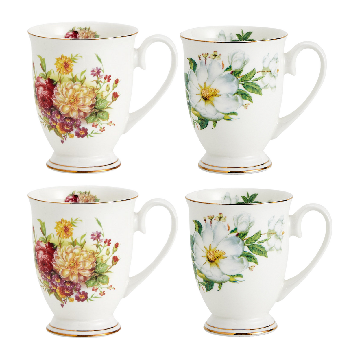 Floral Design China Mugs - White / Multicoloured Flower