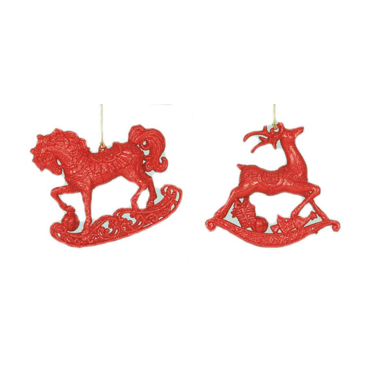 Christmas Tree Hanging Decorations - Rocking Horse & Deer Pack of 2 red