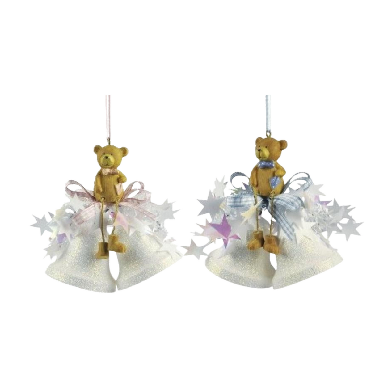 Weiste Christmas Tree Decoration - Glitter Mini Bells with Teddy Bear Pink or Blue Trim