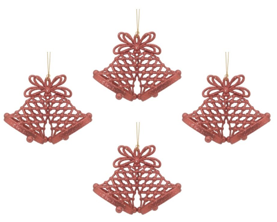 Christmas Tree Hanging Decorations Pack of 4 Gold Red or White Glitter Bells red
