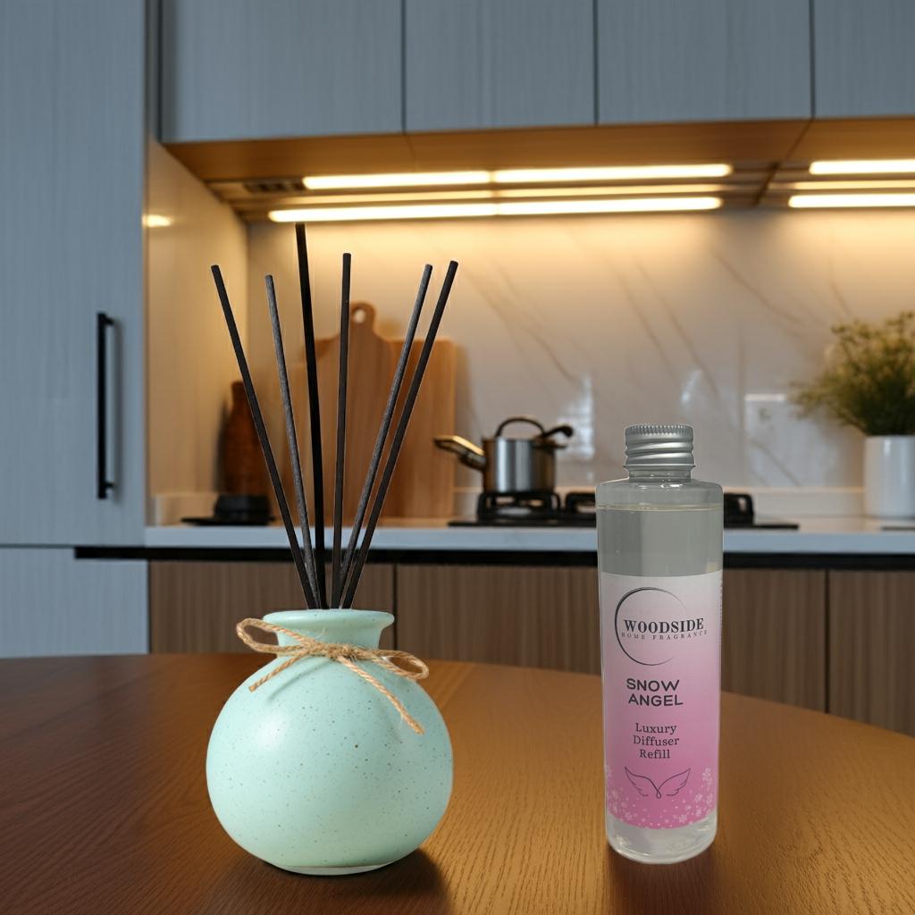 Woodside Round Green Pastel Ceramic Reed Diffuser Vase with Woodside Luxury Refill