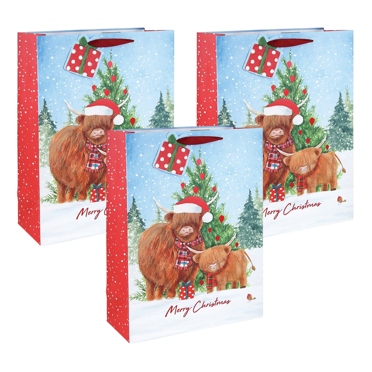 Highland Cow Kraft Christmas Gift Bag - XL Set of 3