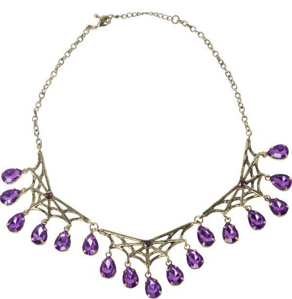 Gothic Style Bronze Spiderweb Fancy Dress Necklace With Purple Gems