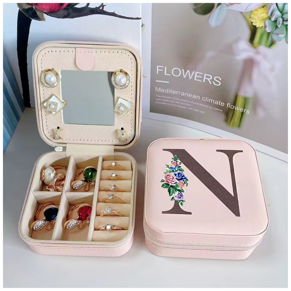 Krystina's Collection Pink Travel Jewellery Box with Floral Initial - Various Letters