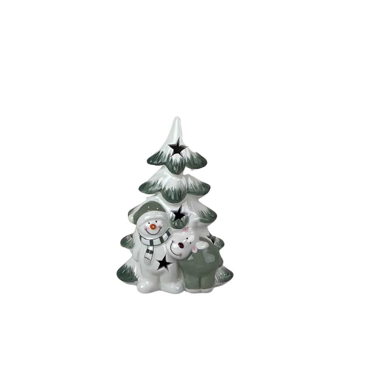 Green/White Ceramic Tree with Snowman and Reindeer Decoration with LED 13cm