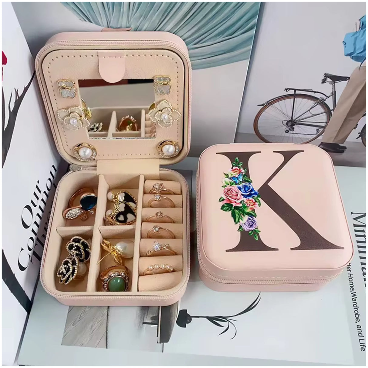 Krystina's Collection Pink Travel Jewellery Box with Floral Initial - Various Letters
