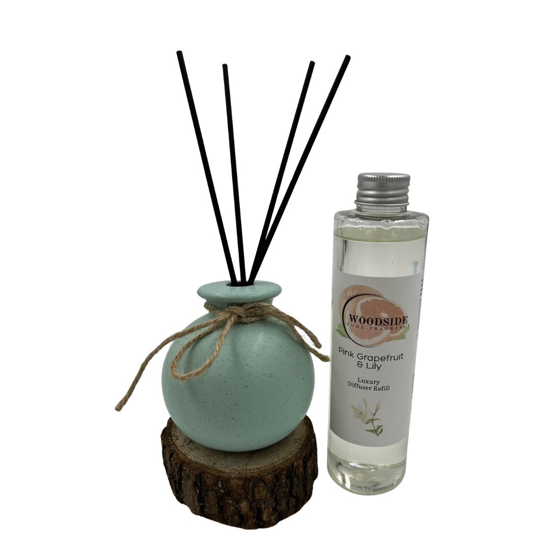 Woodside Round Green Pastel Ceramic Reed Diffuser Vase with Woodside Luxury Refill pink grapefruit and lily