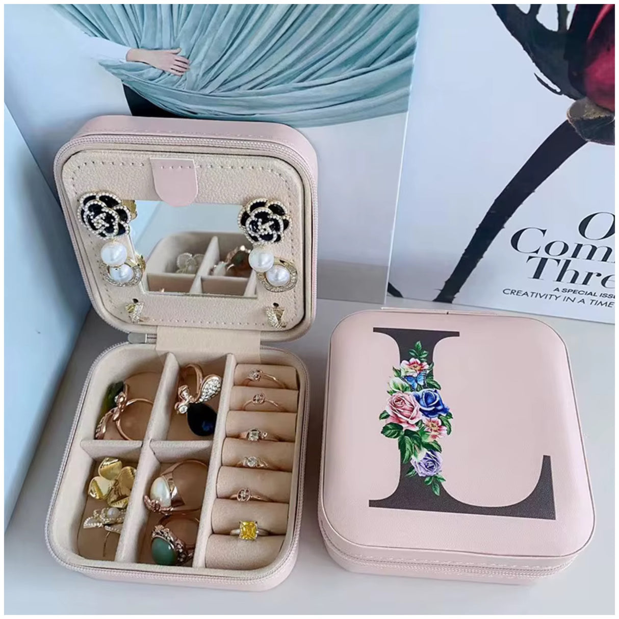 Krystina's Collection Pink Travel Jewellery Box with Floral Initial - Various Letters