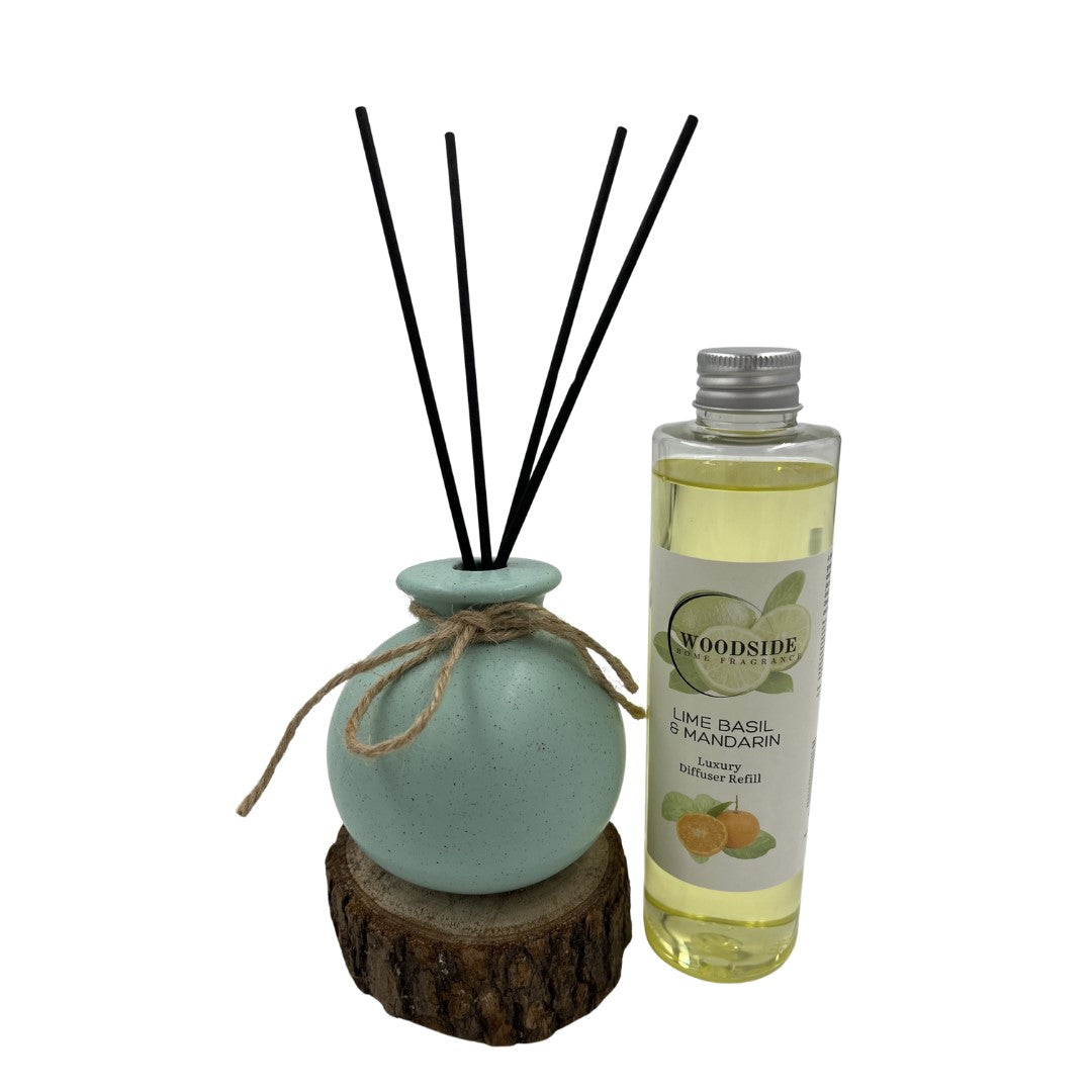 Woodside Round Green Pastel Ceramic Reed Diffuser Vase with Woodside Luxury Refill lime basil and mandarin