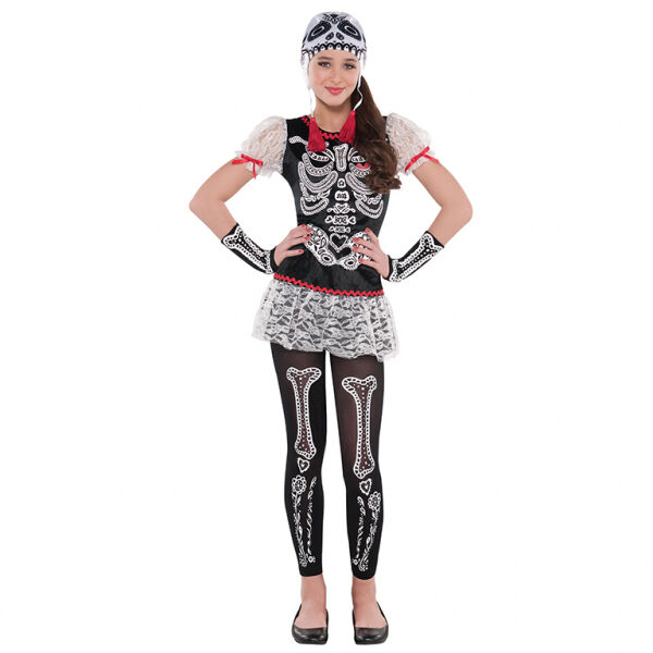 Girls Sassy Skeleton Halloween Fancy Dress Costume - Various Sizes