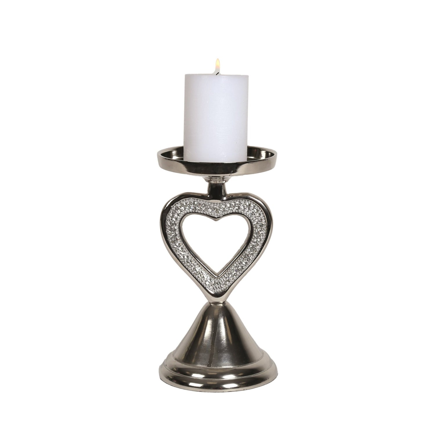 Silver Pillar Candle Holder with Jewelled Heart Detail - Various Sizes