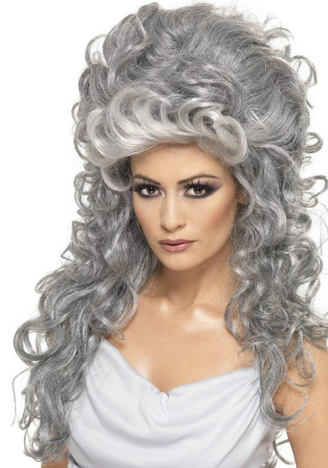 Medeia Long Curly Beehive Fancy Dress Wig (Grey)