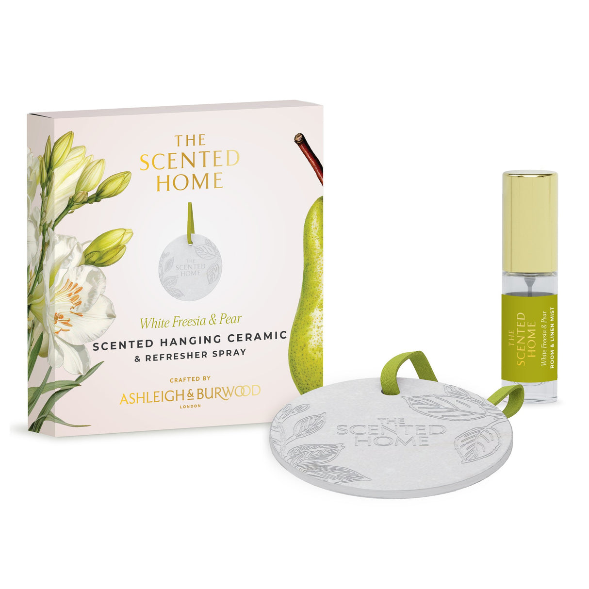 Ashleigh & Burwood New Scented Home Hanging Ceramic & Refresher Spray - White Freesia & Pear