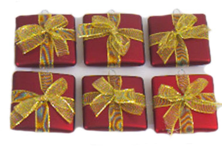 Xmas Presents Set of 6 Christmas Tree Decorations in Gold Red or Silver